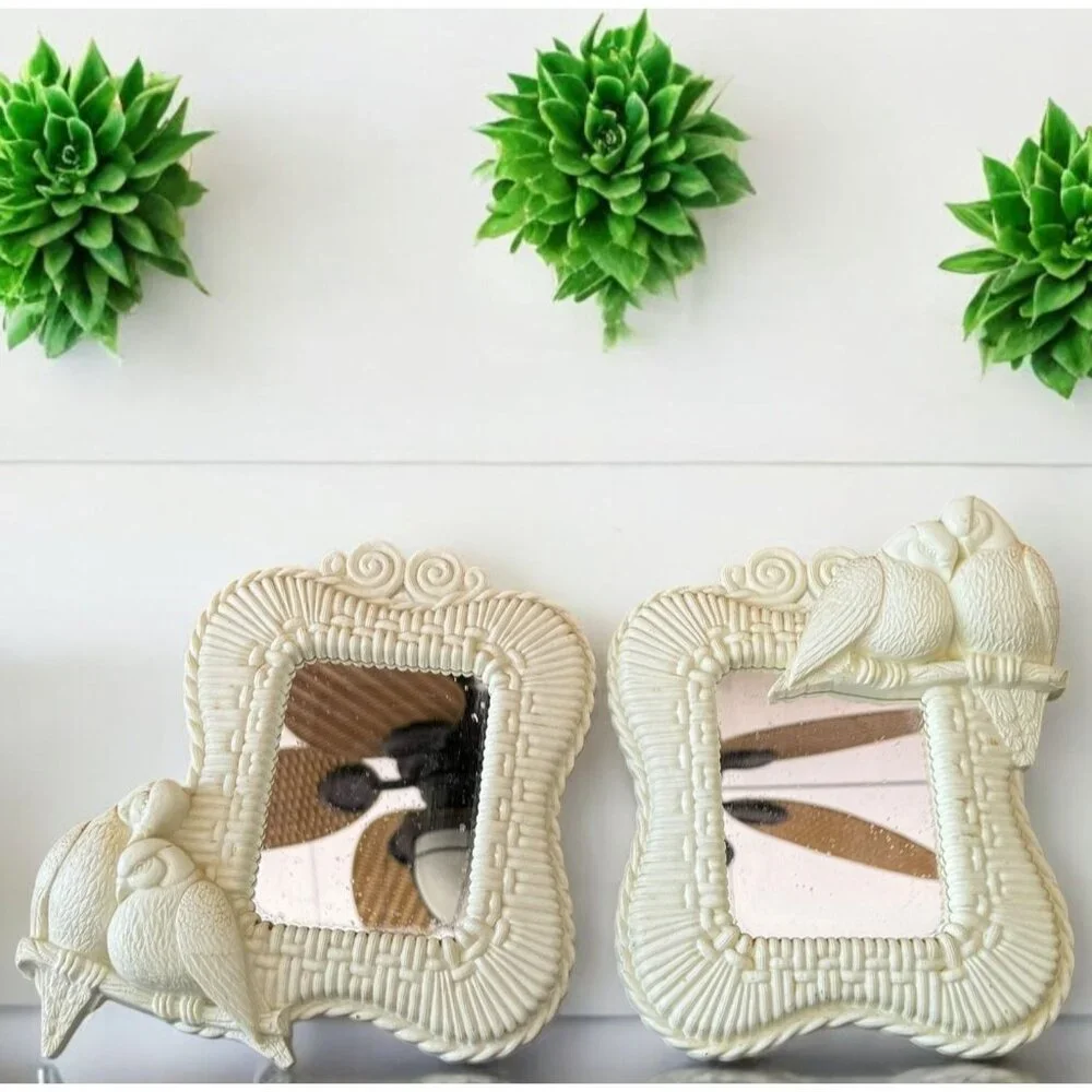 Vintage Homco Bird Wall Mirrors Set Of 2 White Framed